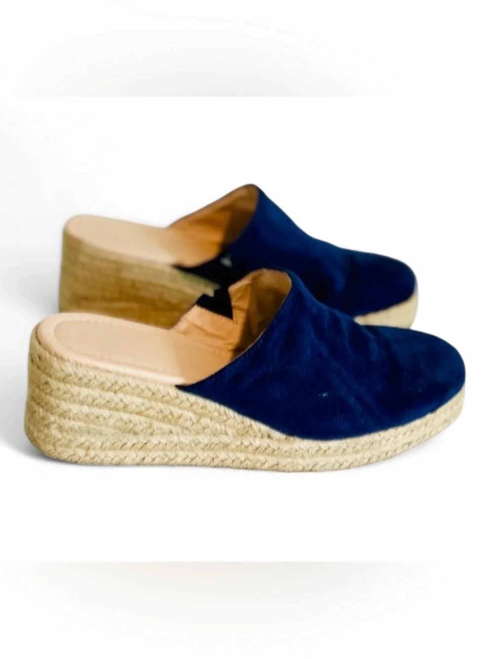 Navy Blue Suede Espadrilles Wedge Mules Closed Toe Slides Platform Boho Size 9.5
